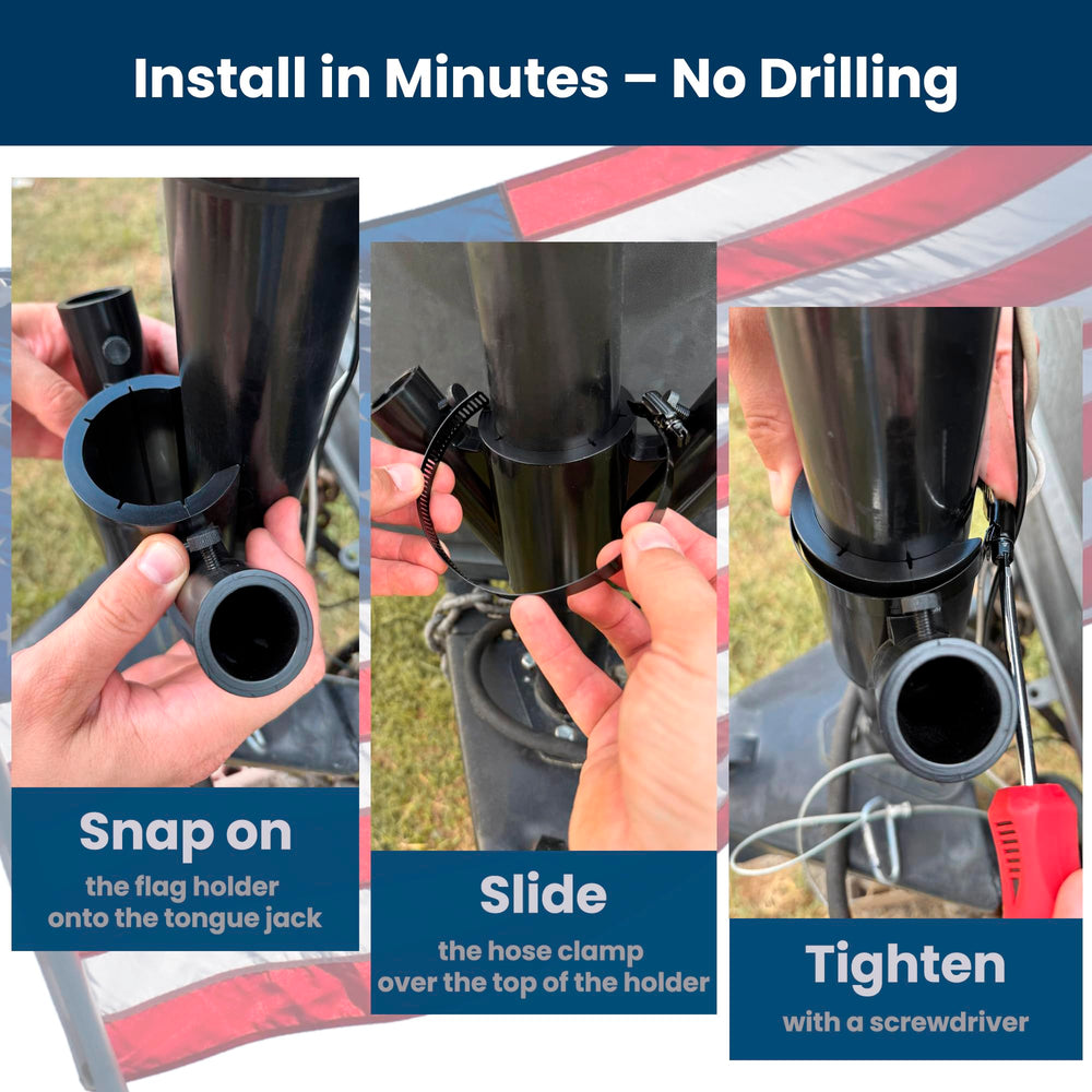 Clip-on no-drill installation on standard tongue jack tubes.