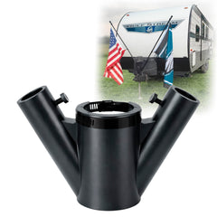 KTKS RV flag pole mount attached to a tongue jack for quick setup.