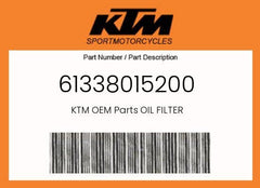 KTM oil filter 61338015200 close-up packaging highlighting OEM quality.