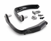KTM wrap-around hand guard kit, front view, blocks wind and debris for better ride comfort.