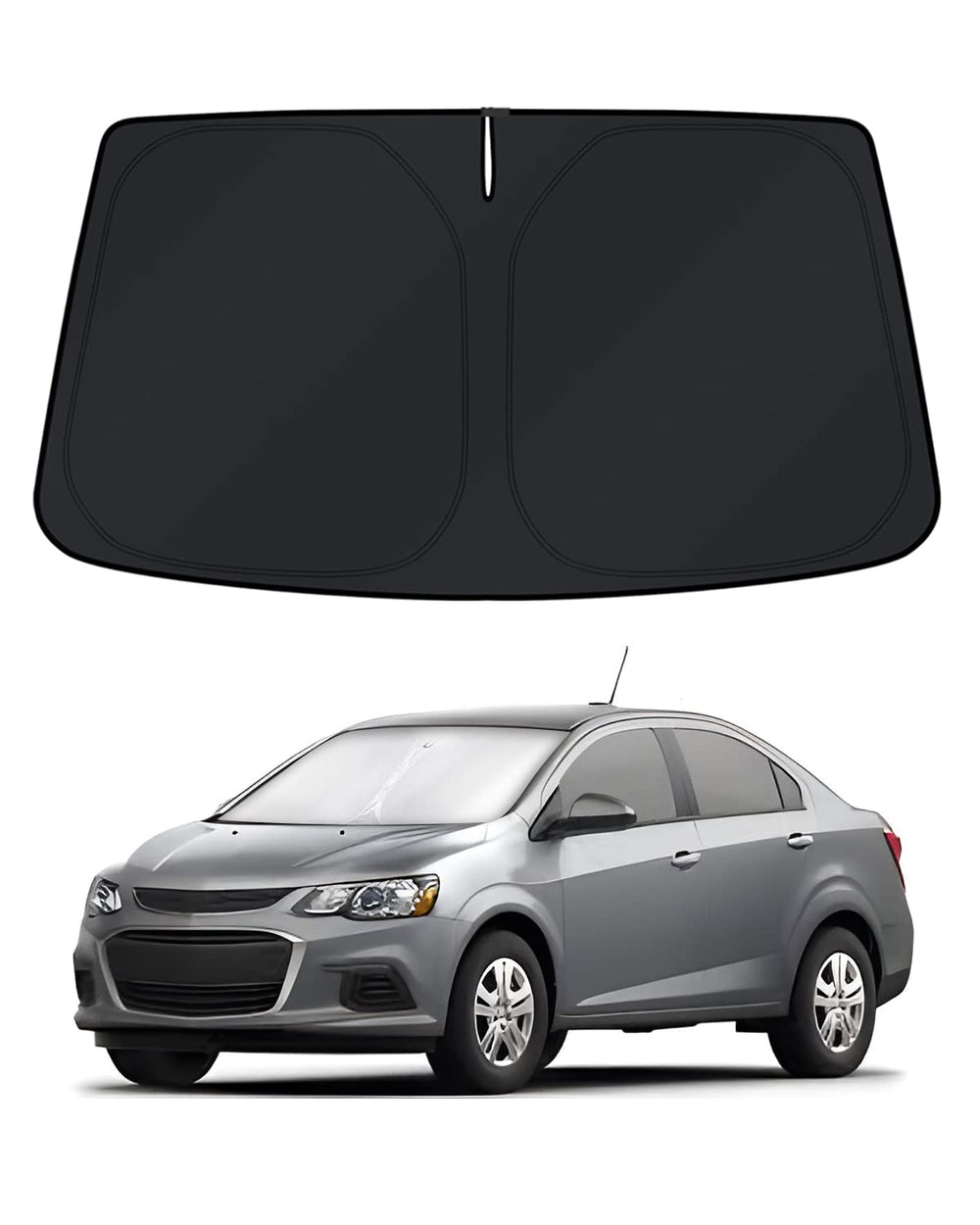 KUST windshield shade for Chevy Sonic showing full-coverage fit and sun protection.