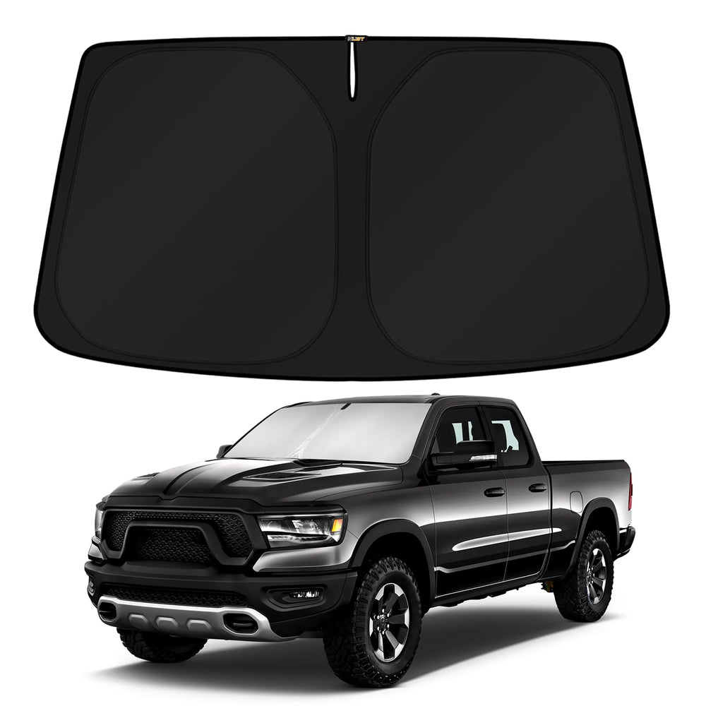KUST windshield shade for Dodge RAM 1500 Crew Cab fits snugly and blocks sun glare.
