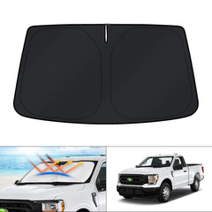 KUST windshield shade fitted to Ford trucks blocks sun and reduces heat.