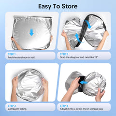 Shade folded compactly for convenient storage in trunk