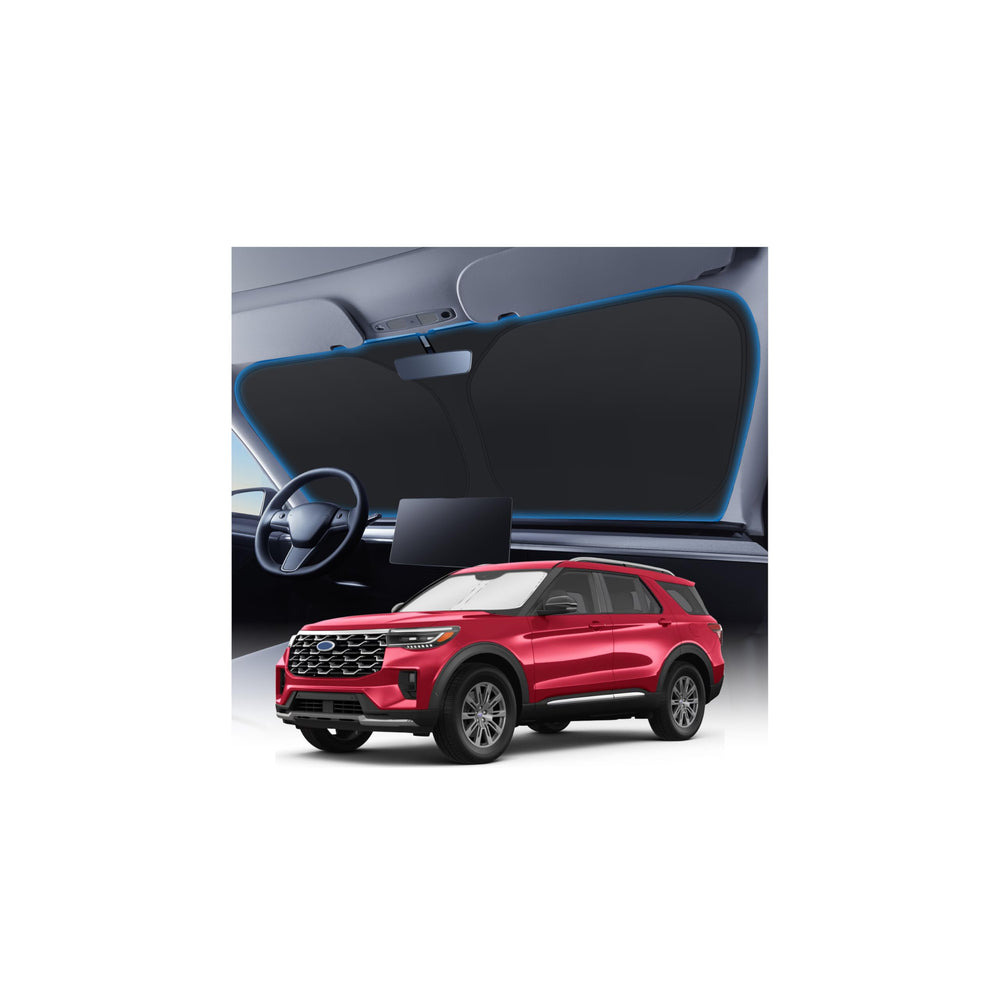 KUST windshield shade front view protects Ford Explorer interior from UV.