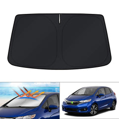 KUST windshield shade on Honda Fit providing full windshield coverage.