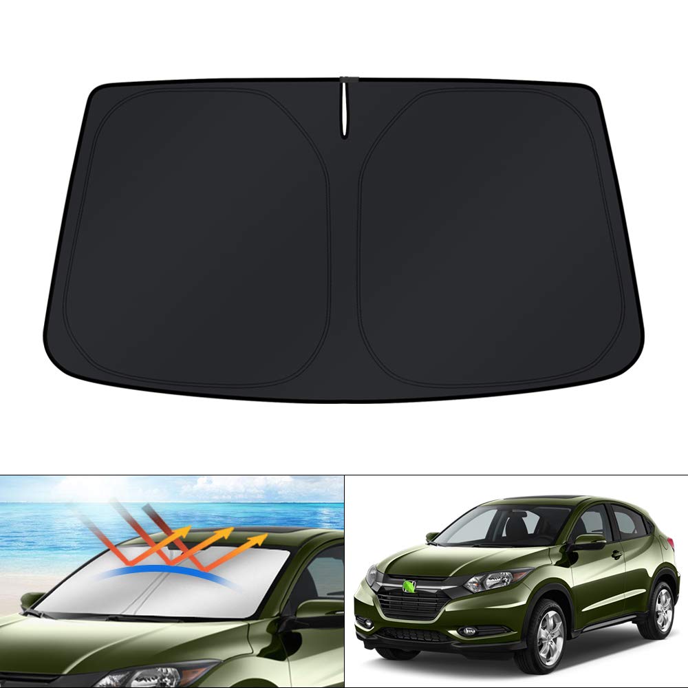 KUST Windshield Shade covers the HR-V windshield to block UV and reduce heat.