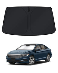 KUST windshield shade on Jetta front view blocks sun for cooler cabin.