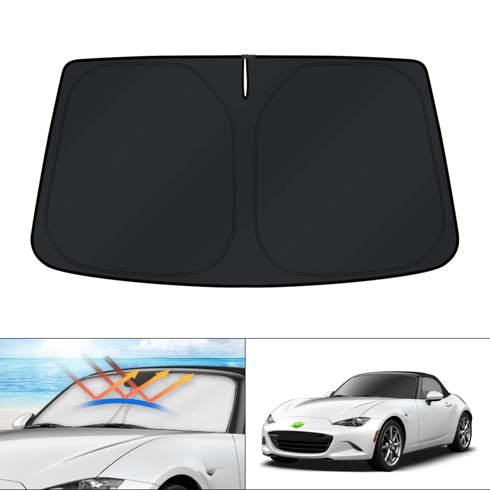KUST windshield shade covering Mazda MX5 Miata windshield for full protection.