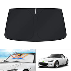 KUST windshield shade covering Mazda MX5 Miata windshield for full protection.