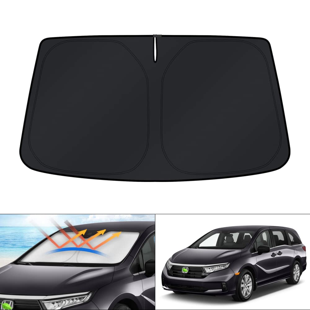 KUST windshield shade for Odyssey foldable design reduces sun exposure and heat buildup.