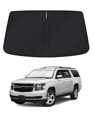 KUST windshield shade on Suburban front window blocks sun and heat.