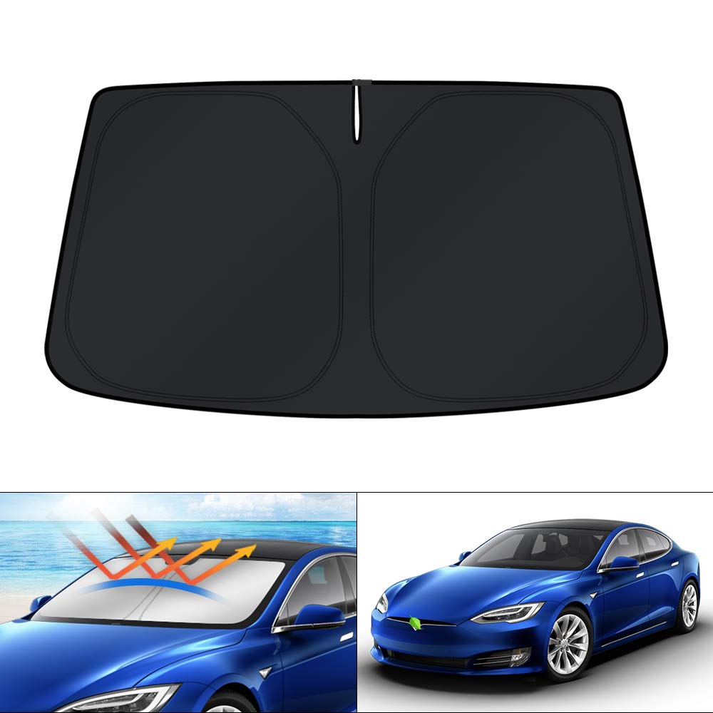 KUST Windshield Sun Shade fits Tesla Model S precisely for sun protection.