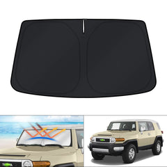 KUST windshield shade installed on a Toyota FJ Cruiser for UV protection and cooling.