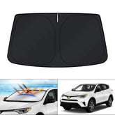 KUST windshield shade for Toyota RAV4 folded for compact storage and quick setup.