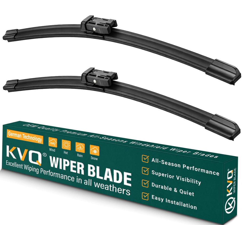 KVQ 22-inch wiper blades in box ready for quick, secure installation for clear rain visibility.