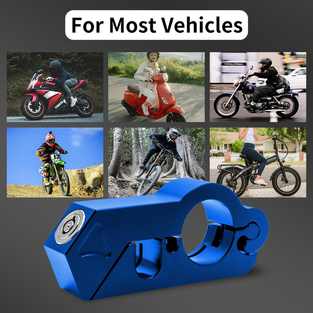 Kzinrft blue lock in use on motorcycle for secure parking