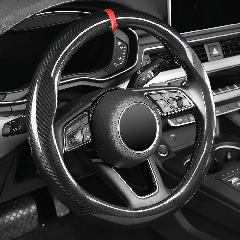 Labbyway carbon fiber steering wheel cover with a sleek universal fit for improved grip.