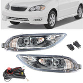 Labwork Corolla fog light driver-side chrome housing improves nighttime visibility.