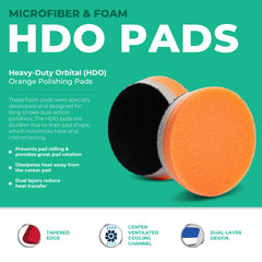 Lake Country HDO orange foam pad with tapered edges minimizes haze during polishing.