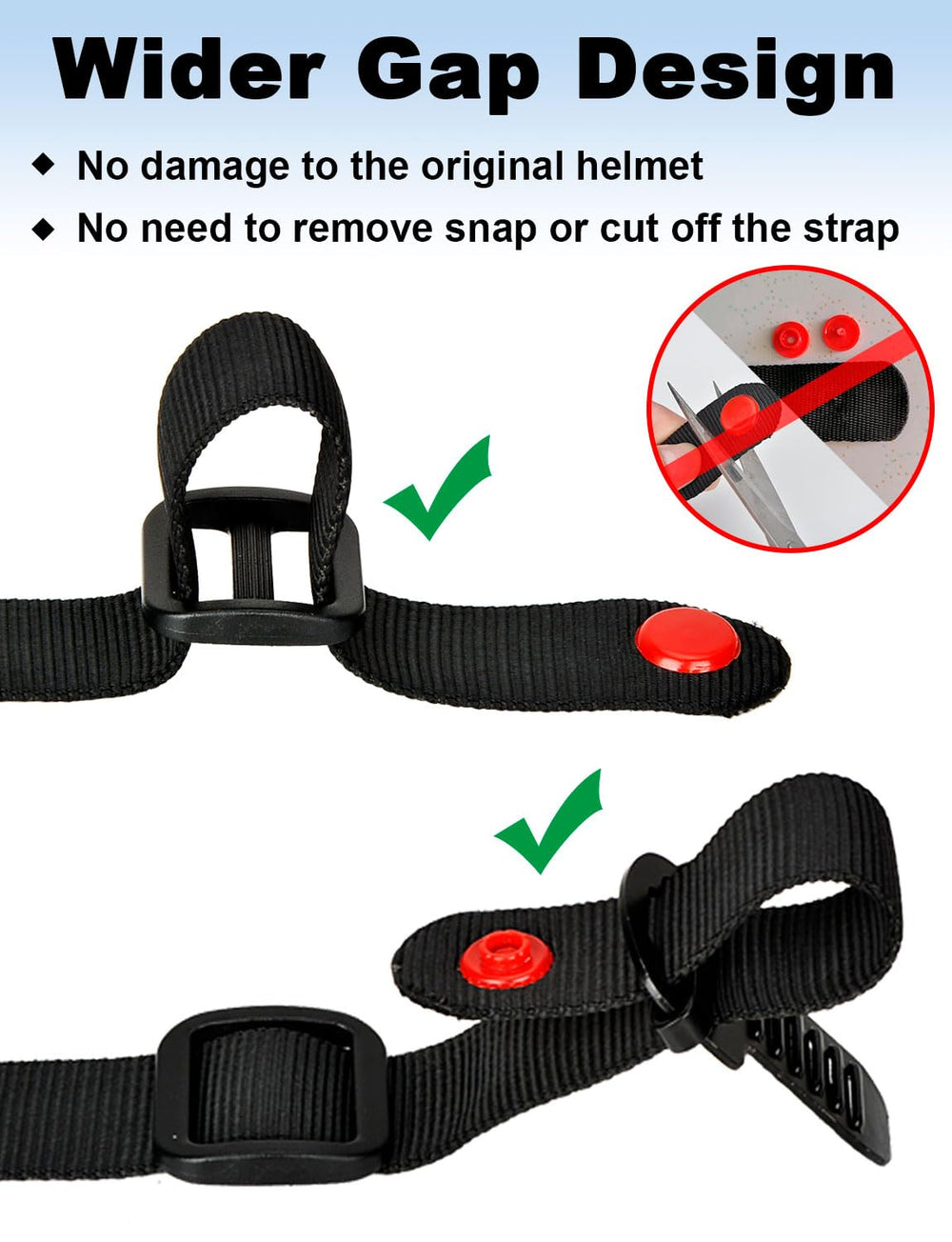 Lamborsafe wide ratchet clip protects chin straps during replacement.