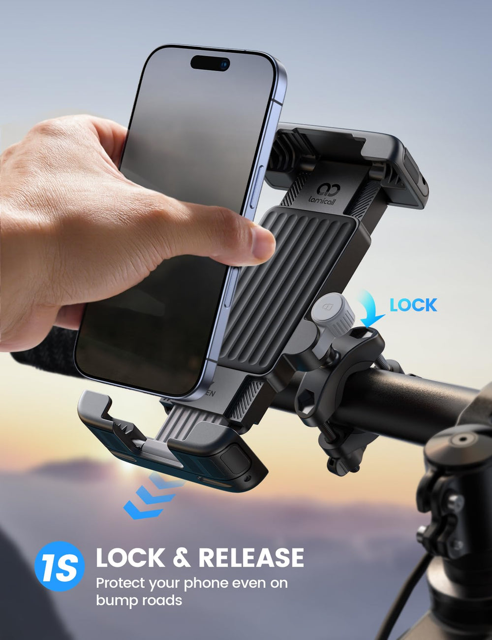 Lamicall bike mount adjustable clamp grips handlebars securely.