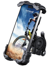 Lamicall bike phone holder clamps securely to handlebar corners for safety on bumpy rides.
