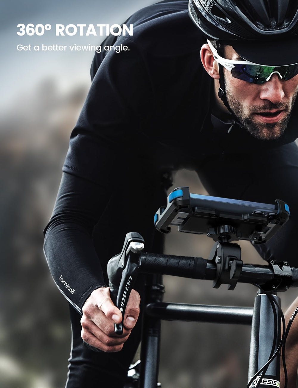 Lamicall bike phone holder showcases metal safety lock for high-speed stability.