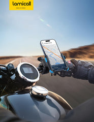 Lamicall blue bike mount adds reliable accessibility during rides.