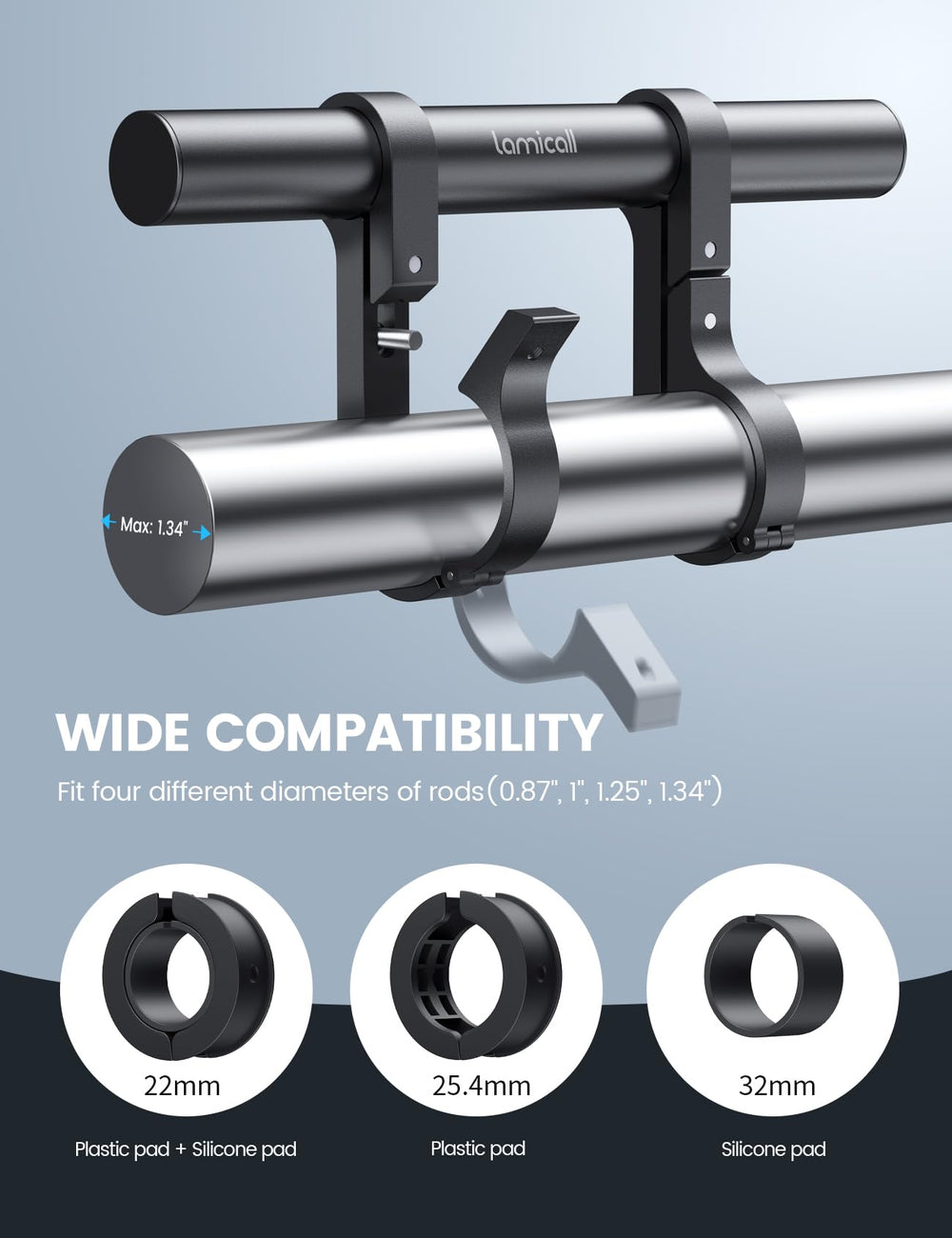 Lamicall diameter range connection shows compatibility with multiple bar sizes