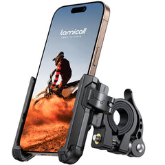 Lamicall motorcycle mount on handlebars with unobstructed rear camera view for filming