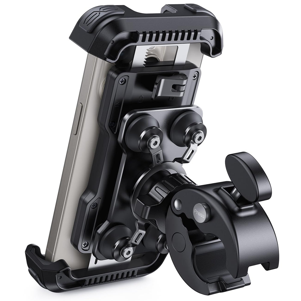 Lamicall motorcycle mount with dual vibration dampener reduces road shake during rides.