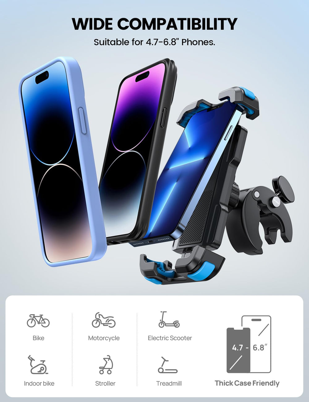 Universal compatibility fits 4.7-6.8 inch phones in the Lamicall mount.