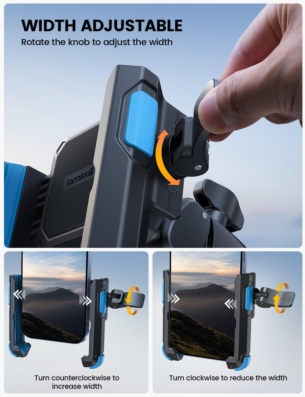 Lamicall universal holder width-adjust fits 4.7–7-inch phones securely.