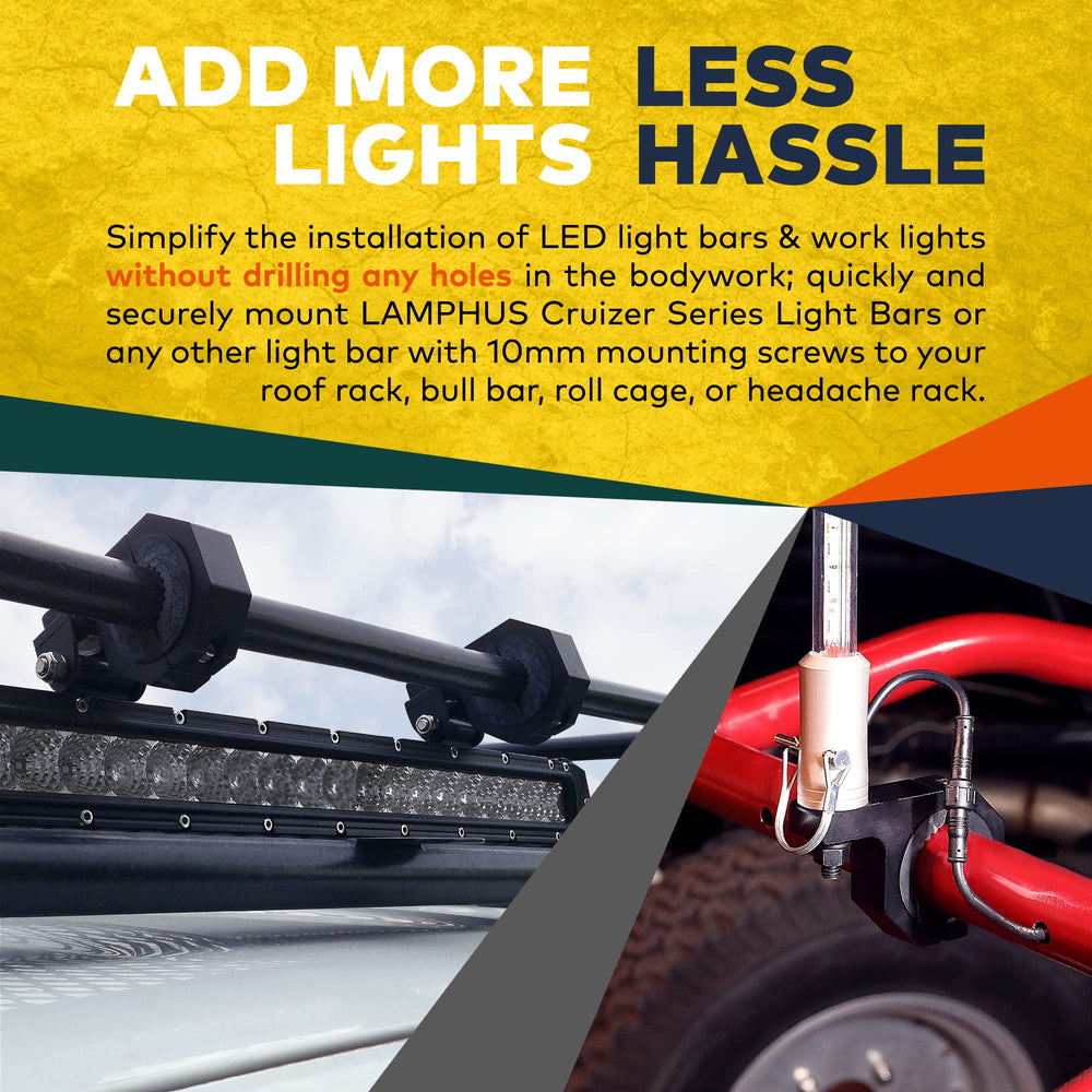 LAMPHUS Cruizer bar clamp for 1.5-inch tubes enables versatile light bar setups on trucks.