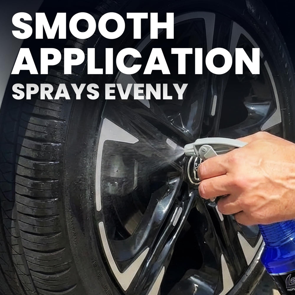 LANE'S Super Blue Tire Dressing achieving showroom detail on tires.