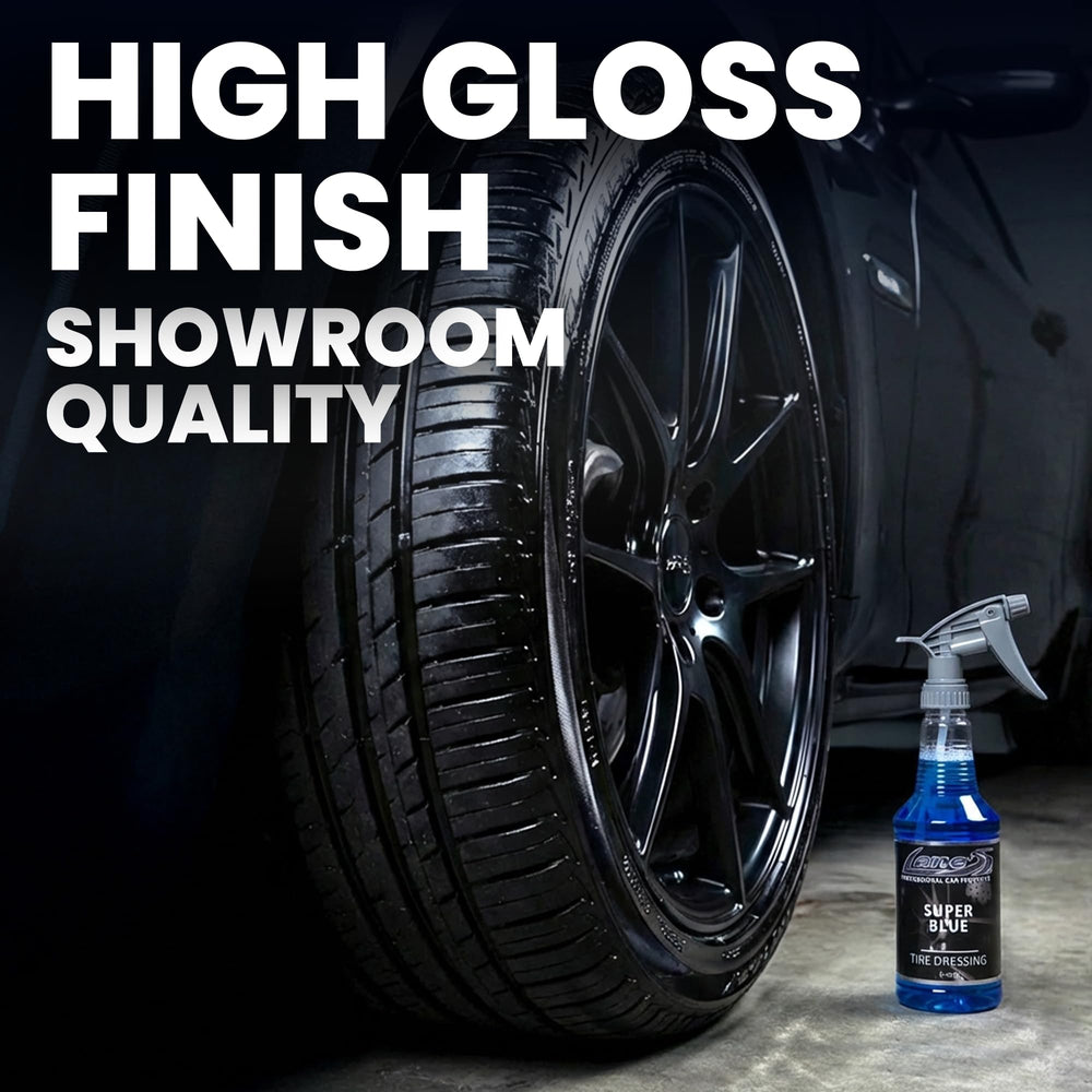 LANE'S Super Blue Tire Dressing spray application provides smooth, even coverage.