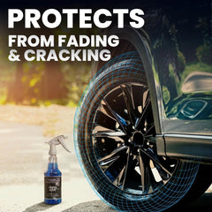 LANE'S Super Blue Tire Dressing offers UV protection for tires.