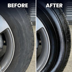 LANE'S Super Blue Tire Dressing wet-look finish on tires.