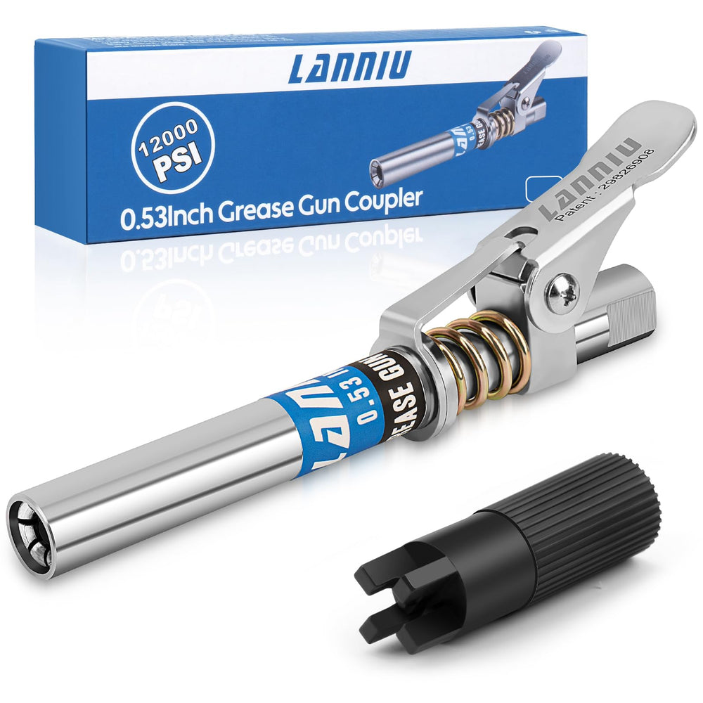 LANNIU grease gun coupler with extended reach for hard-to-reach fittings.