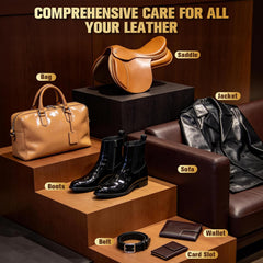 LansinLife kit opened to reveal saddle soap, mink oil, brushes, and cloths.