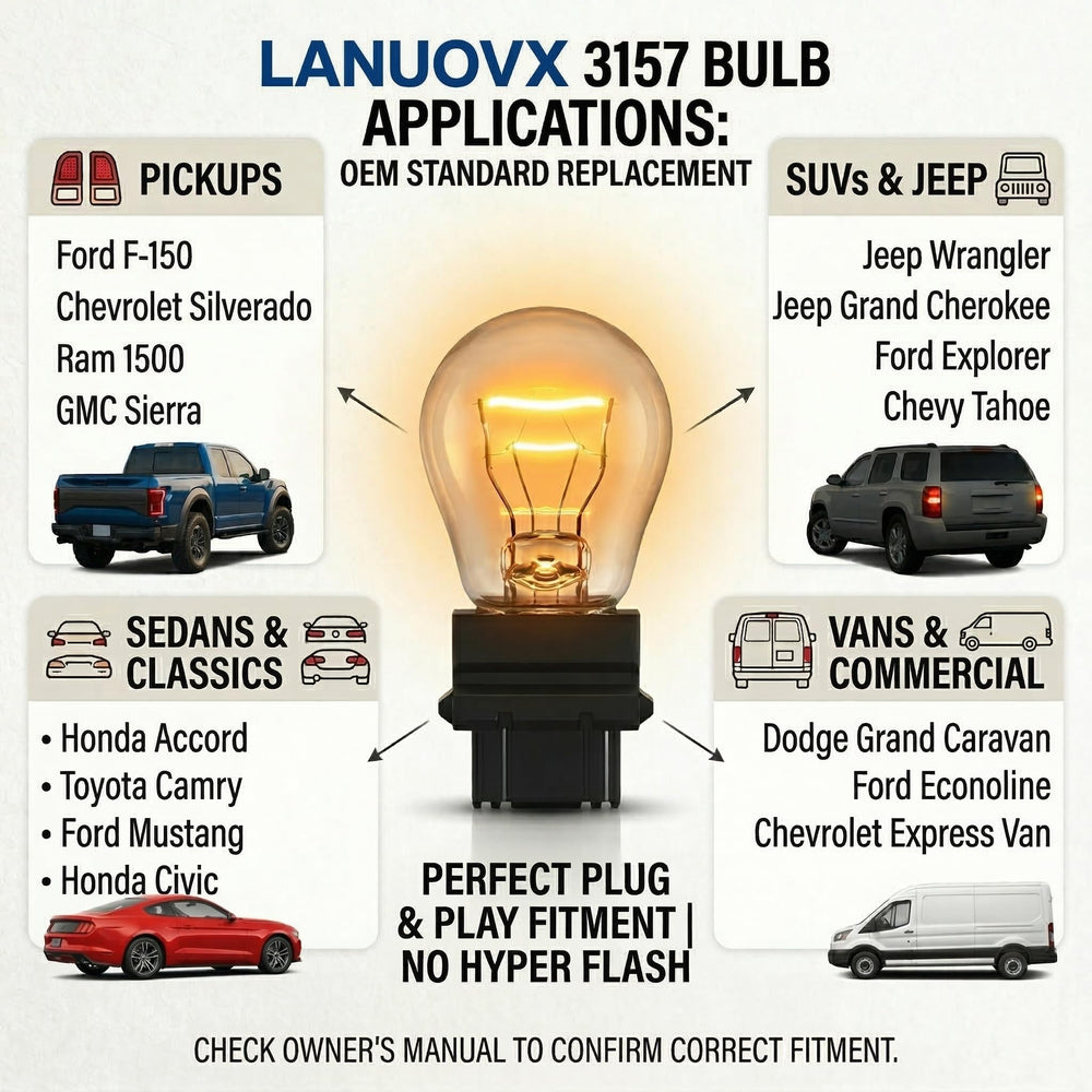 Lanuovx 3157 bulb for turn signals boosts signaling clarity.