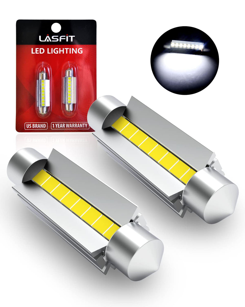LASFIT 44mm LED bulb close-up with 8 SMD chips for brighter trunk and license lights.