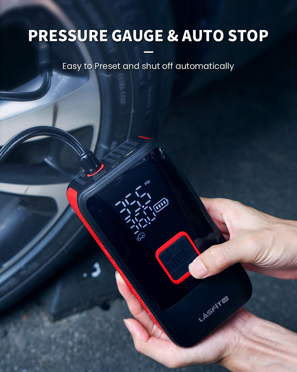 Lasfit Signature LAP-TK1 in emergency lighting mode for roadside safety.