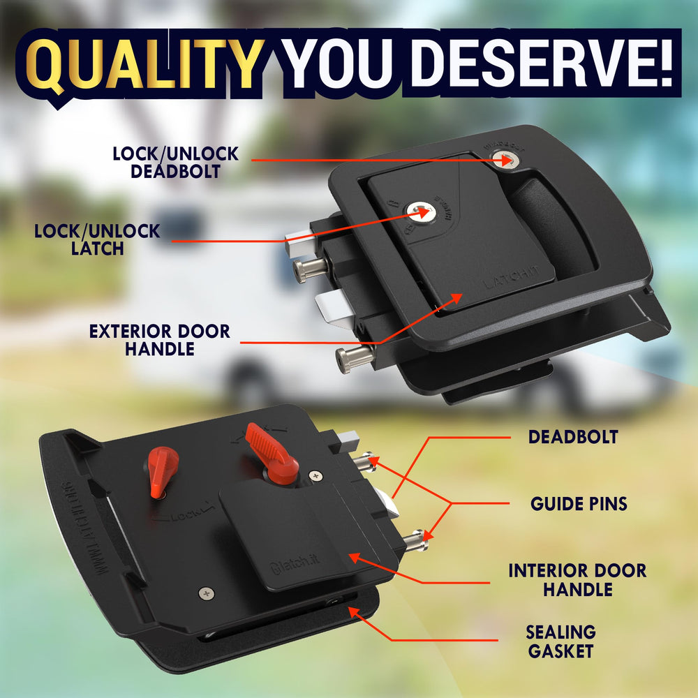 LATCH.IT install kit includes screws and manual for quick DIY setup on RV doors.