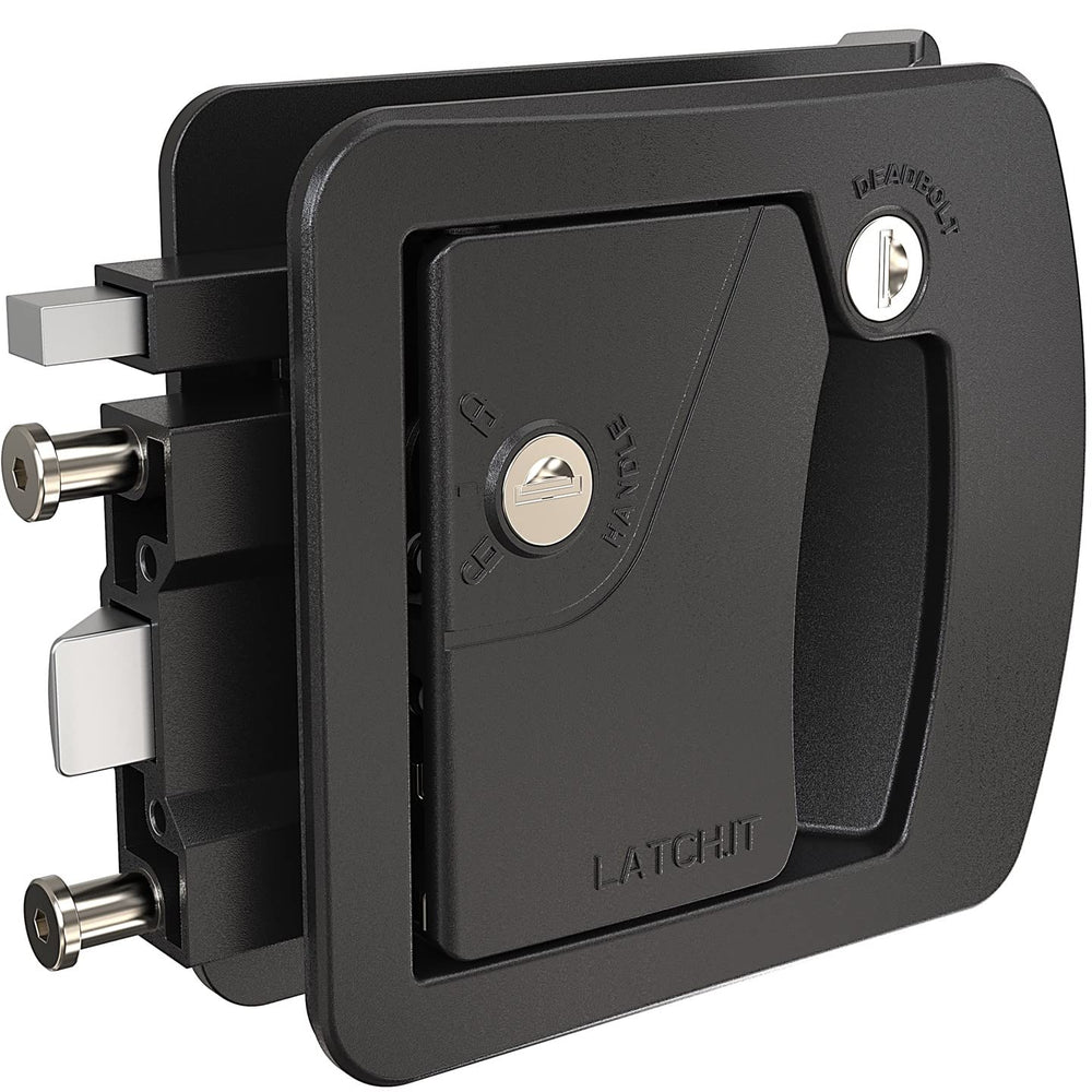 LATCH.IT RV door lock assembly shows rugged all-metal construction for secure travel.