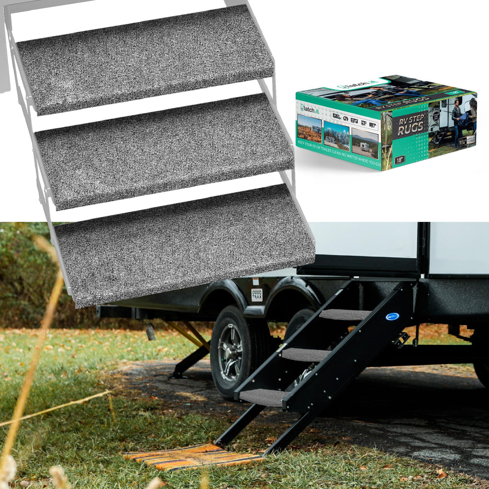 LATCH.IT RV step covers installed on stairs offering full coverage and dirt control.