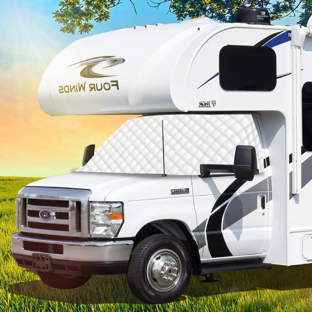 LATCH.IT windshield cover on Ford E-450 with mirror cutout for heat reduction.