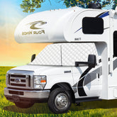 LATCH.IT windshield cover on Ford E-450 with mirror cutout for heat reduction.