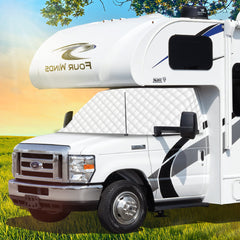 LATCH.IT windshield cover on Ford E-450 with mirror cutout for heat reduction.